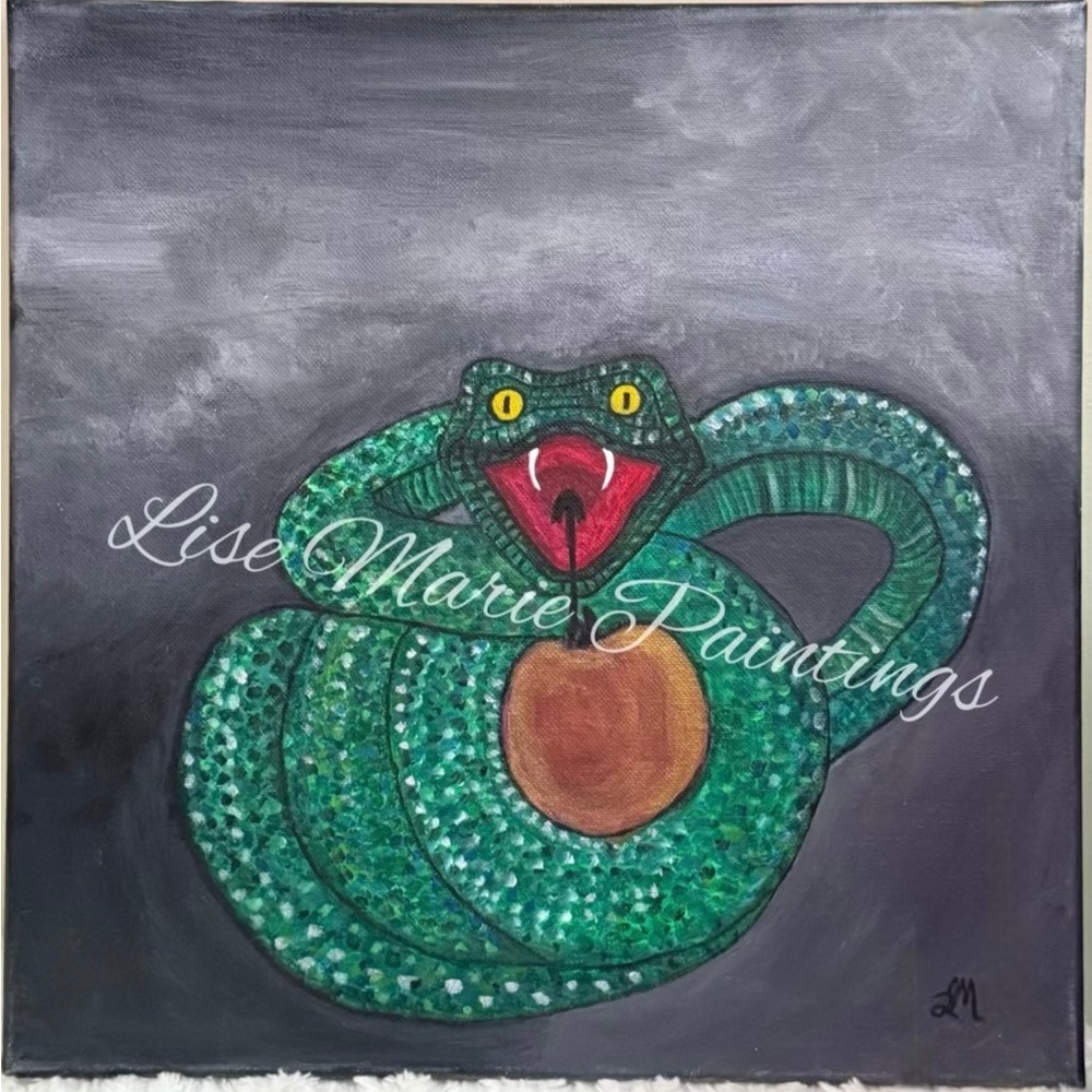 Coiled Green Snake with apple acrylic painting original by Artist